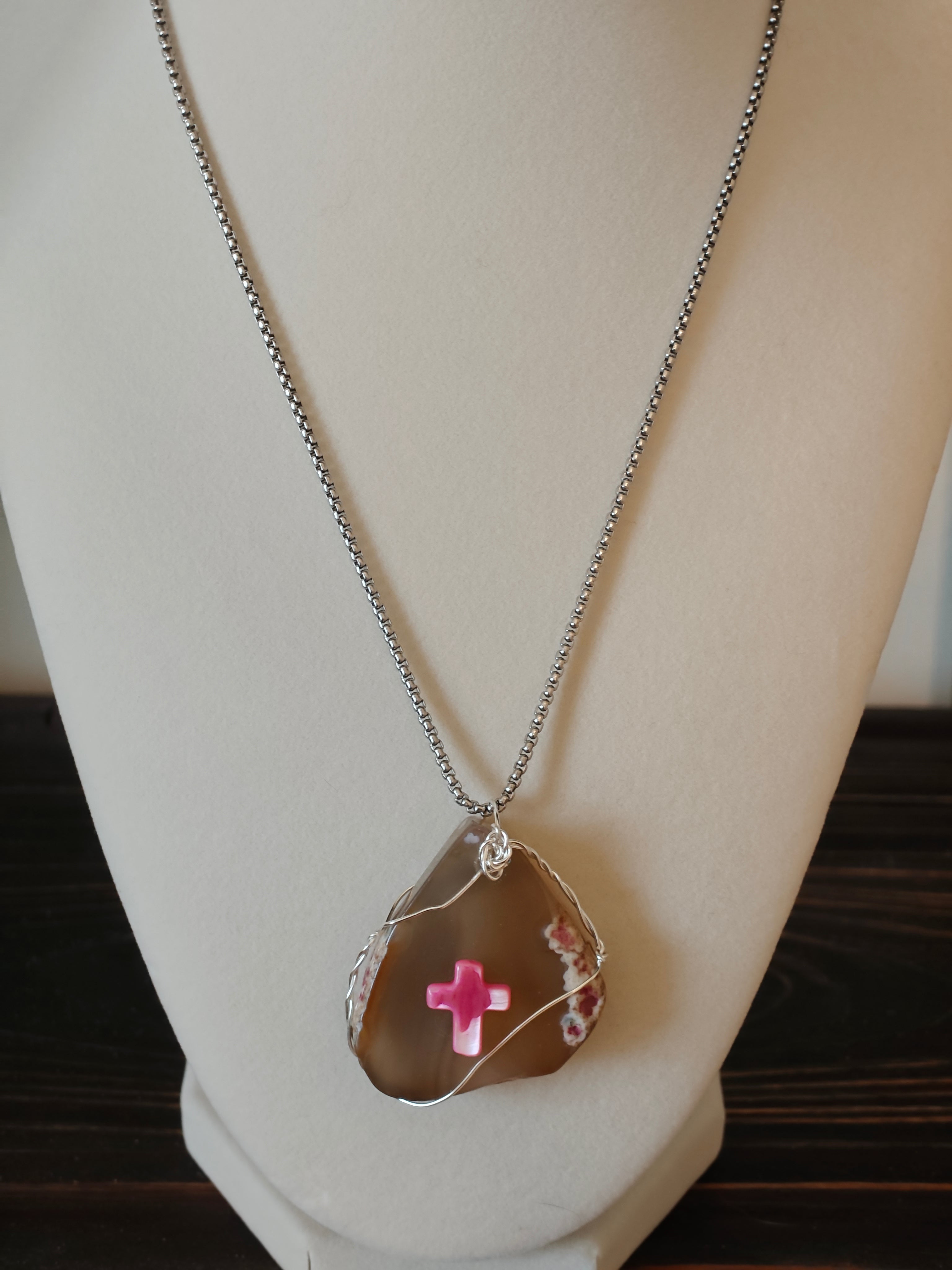 "Morning Mercies" Pink & Honey Natural Stone Cross Necklace