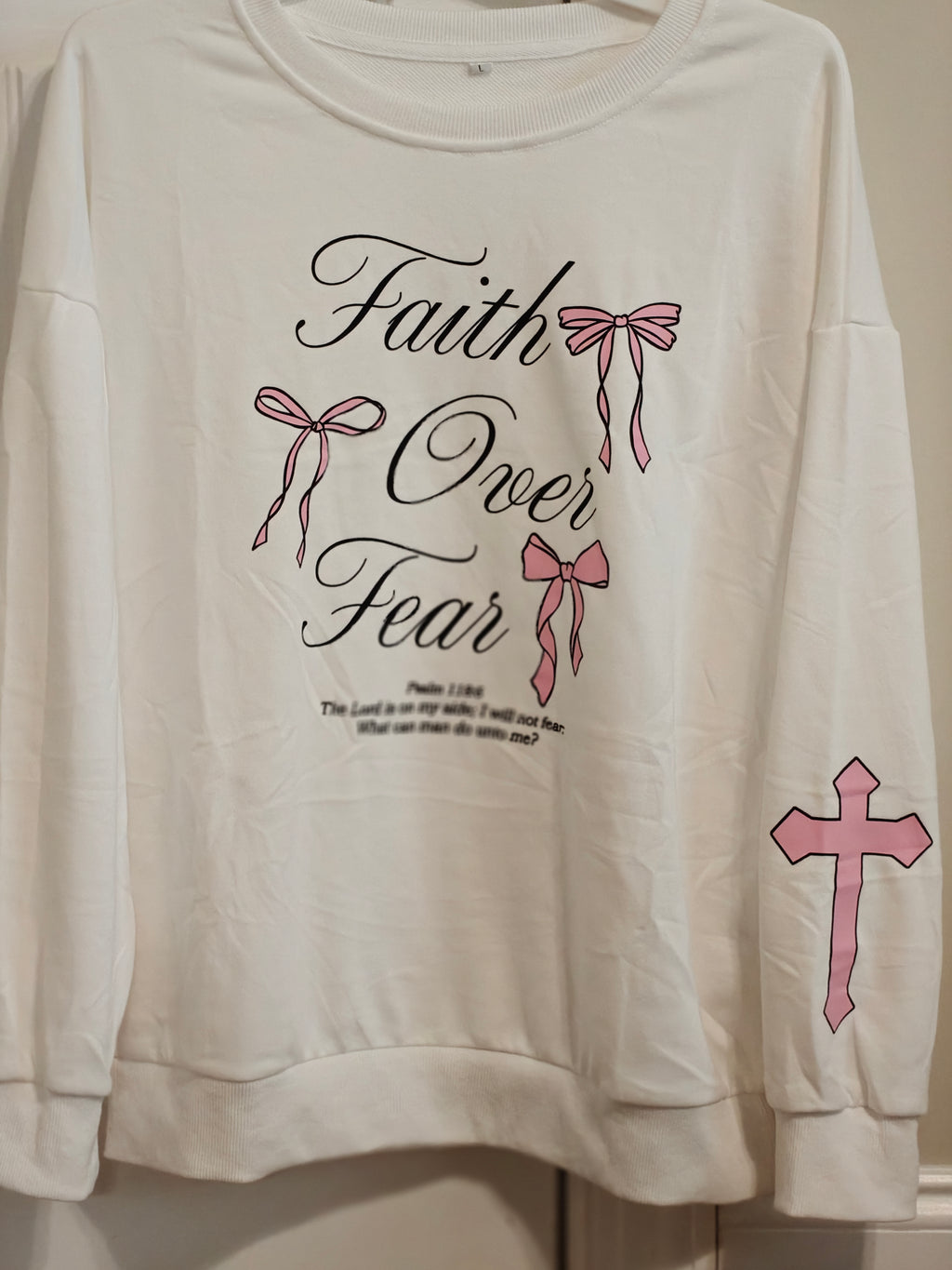 "Faith Over Fear" Women’s White Sweatshirt – Pink Bows & Sleeve Cross – Size Large