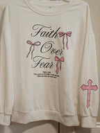 "Faith Over Fear" Women’s White Sweatshirt – Pink Bows & Sleeve Cross – Size Large
