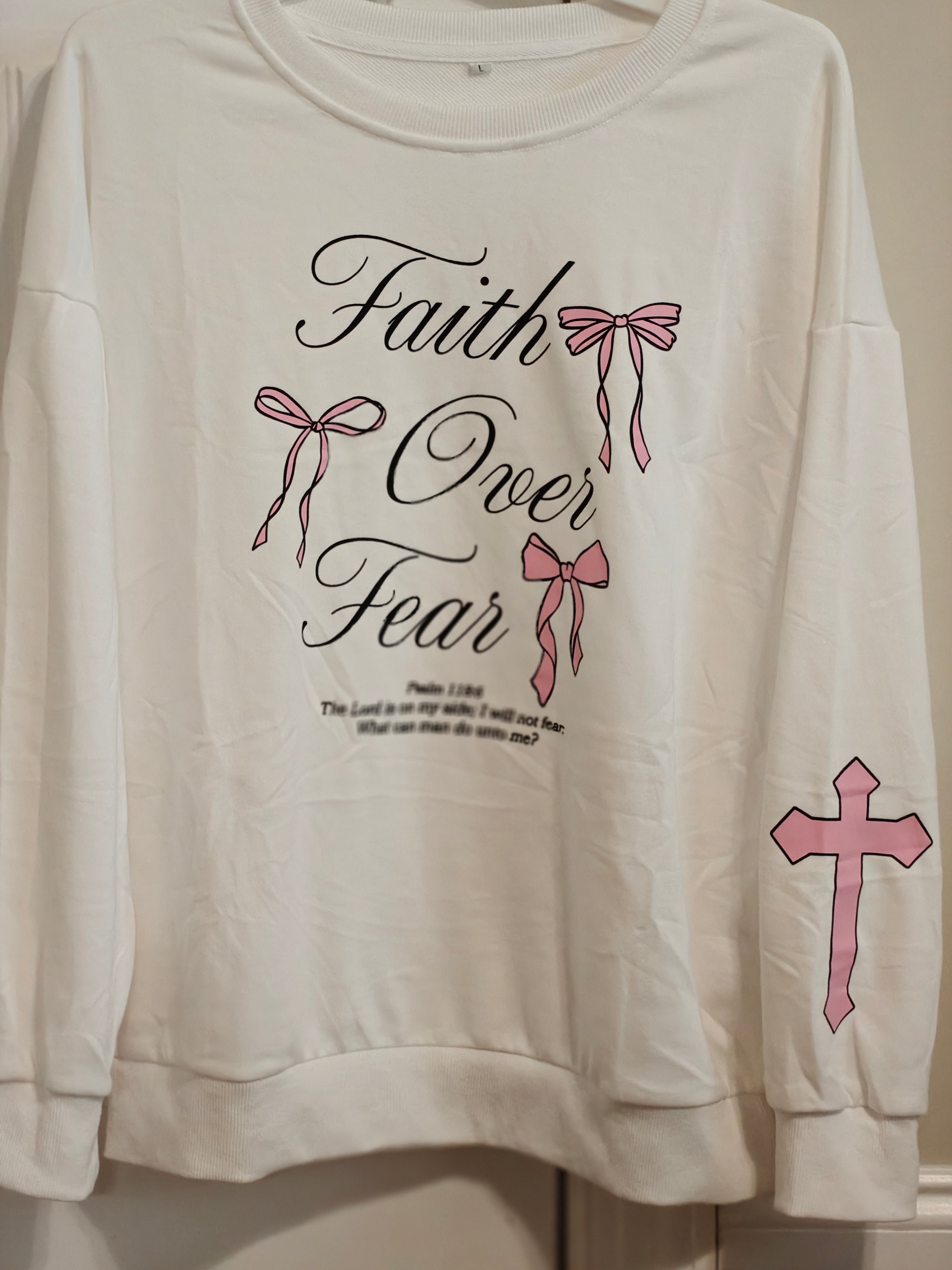 "Faith Over Fear" Women’s White Sweatshirt – Pink Bows & Sleeve Cross – Size Large