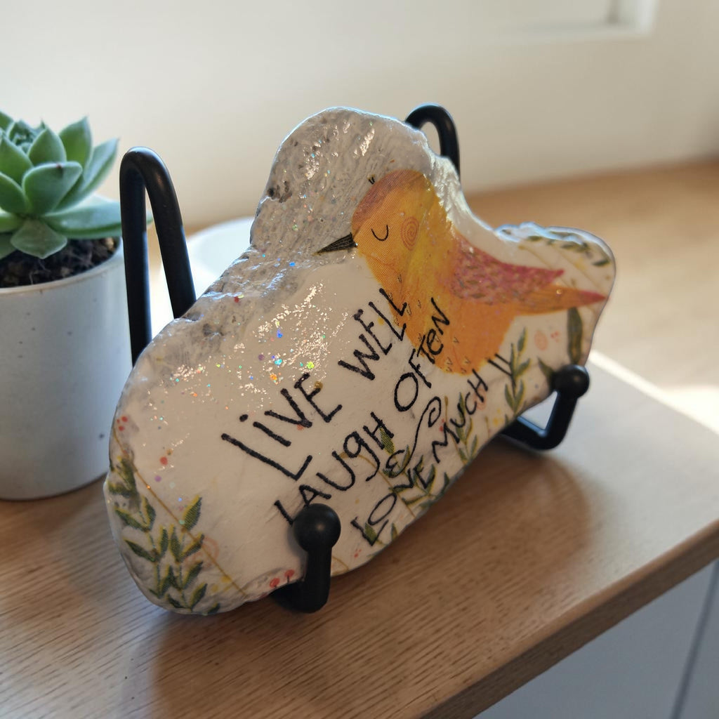 Handcrafted Coral Shell Decoupage – "Live Well, Laugh Often, Love Much" Yellow Bird & Botanicals, Inspirational Gift & Coastal Decor