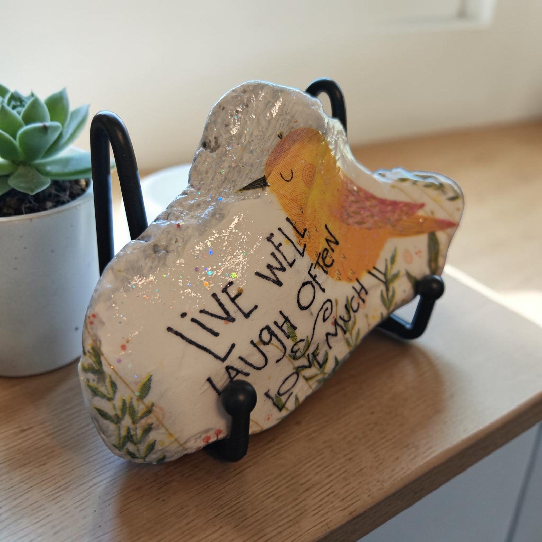 Handcrafted Coral Shell Decoupage – "Live Well, Laugh Often, Love Much" Yellow Bird & Botanicals, Inspirational Gift & Coastal Decor