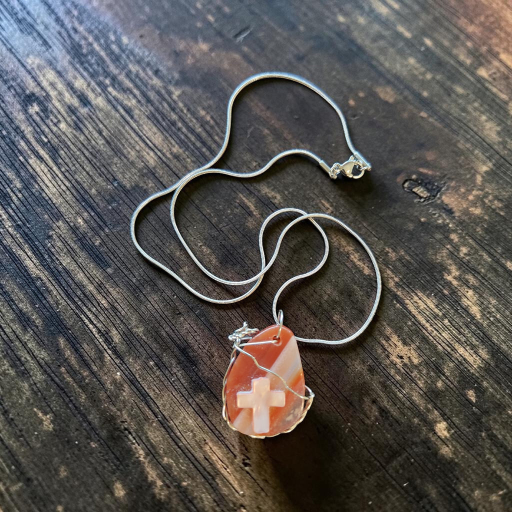 Handcrafted Orange and White Swirl Stone Wire-Wrapped Cross Pendant – 18" Stainless Steel Chain