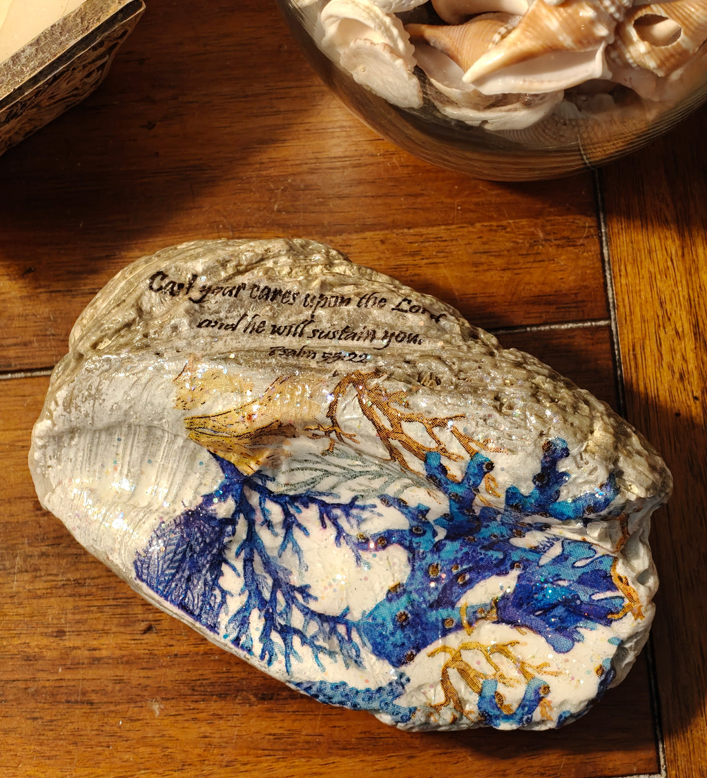 "Cast Your Cares" Scripted Shell | Blue Coral Home Decor