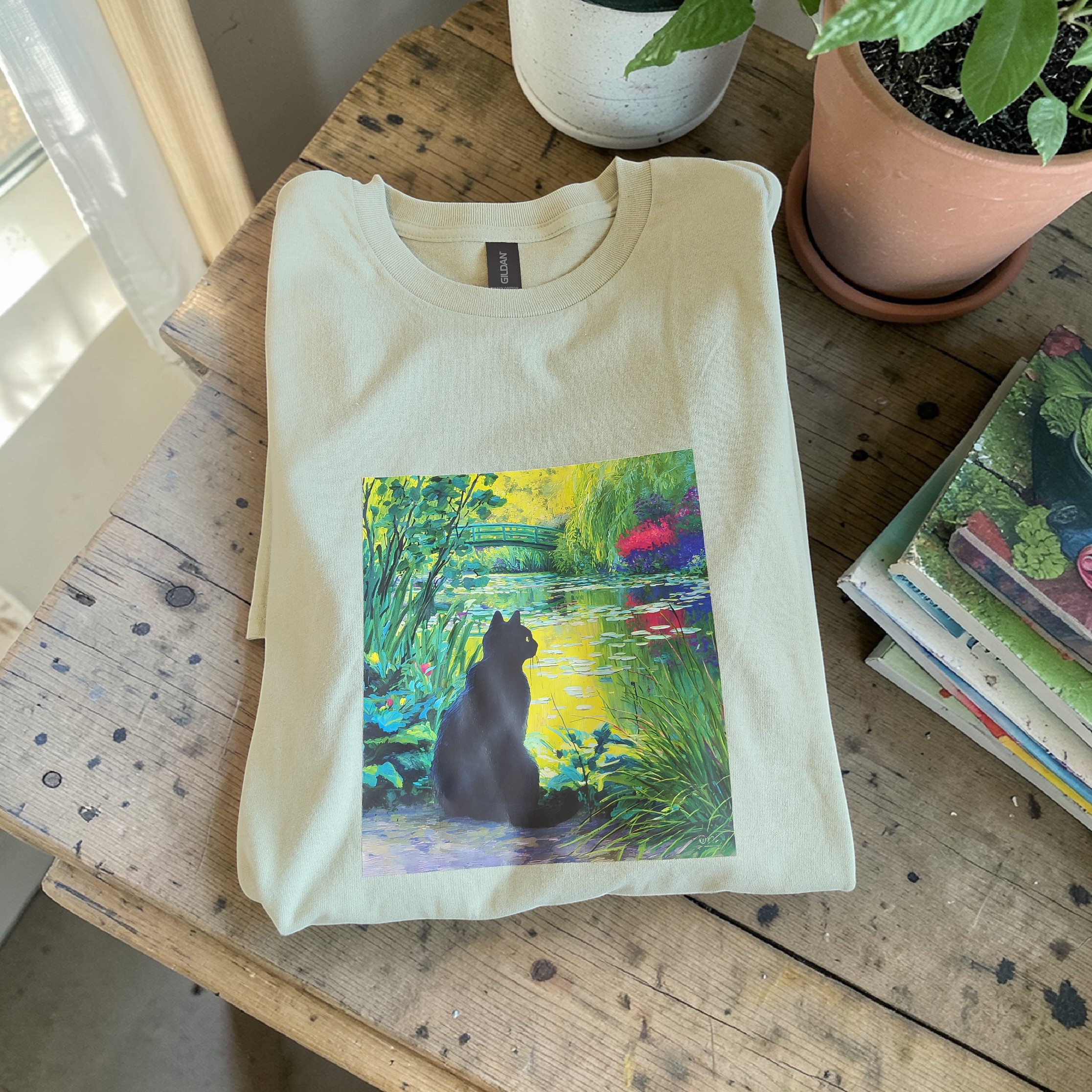 "Cat by the Lily Pond" Women’s Light Green Tee – 100% Cotton – Size Large