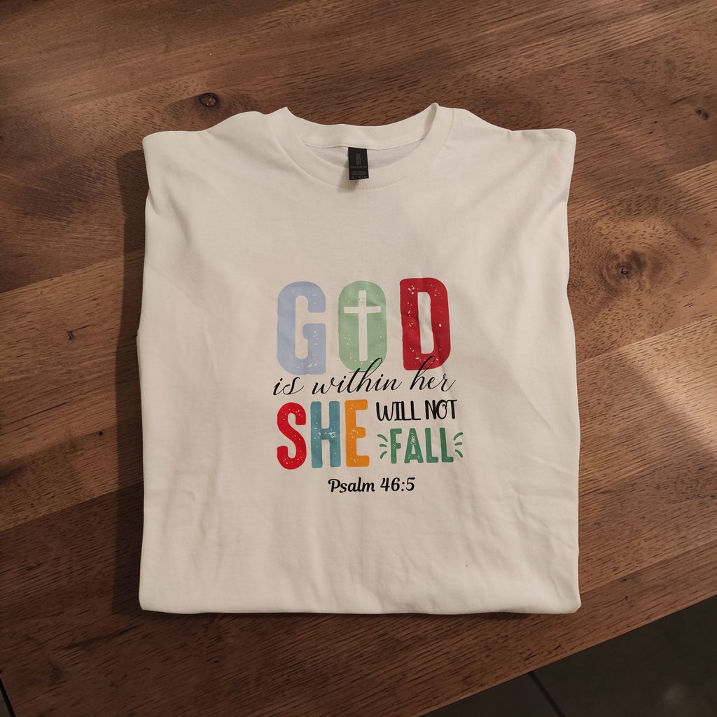 "God Is Within Her" Multi-Color Script Tee | Women’s XL White Cotton