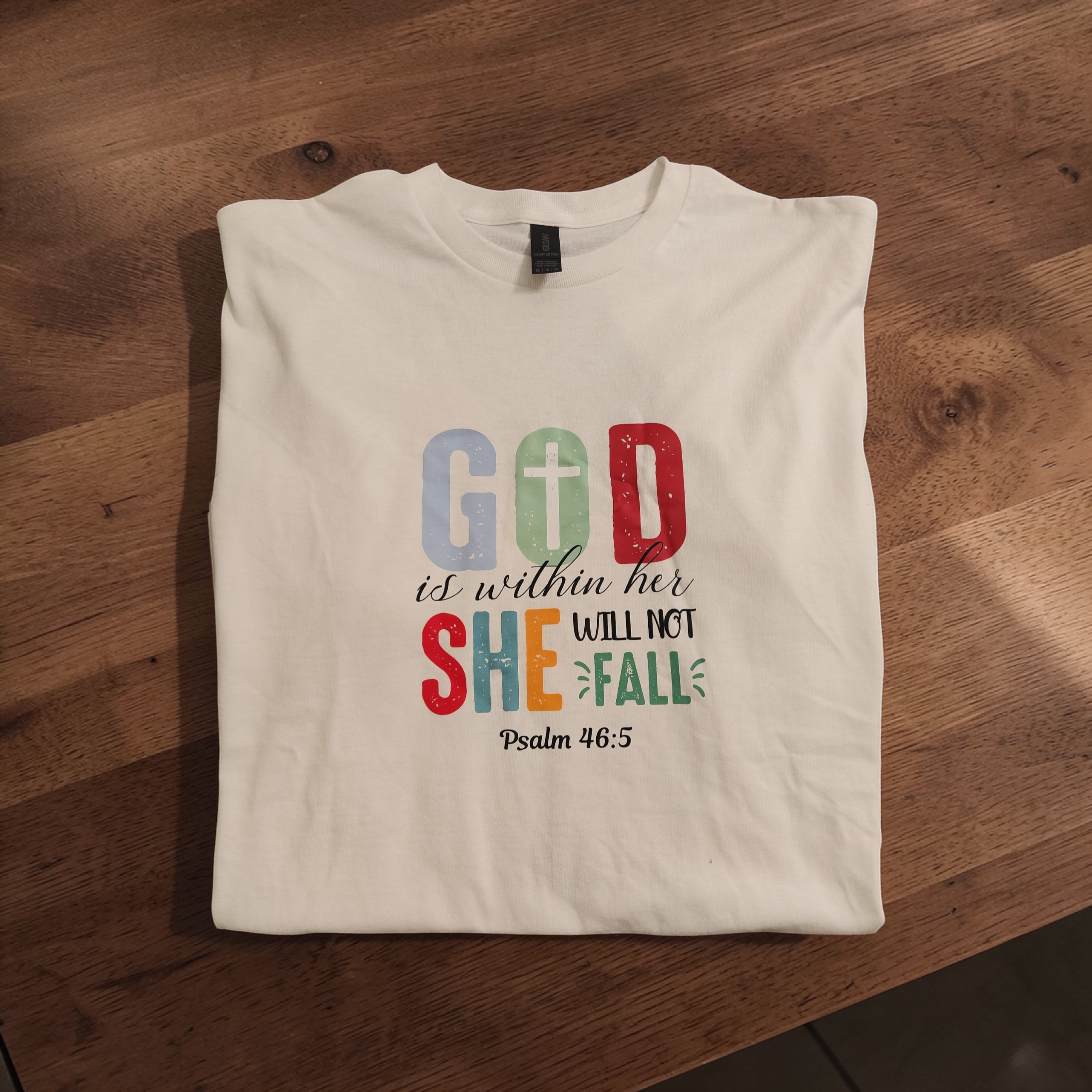 "God Is Within Her" Multi-Color Script Tee | Women’s XL White Cotton