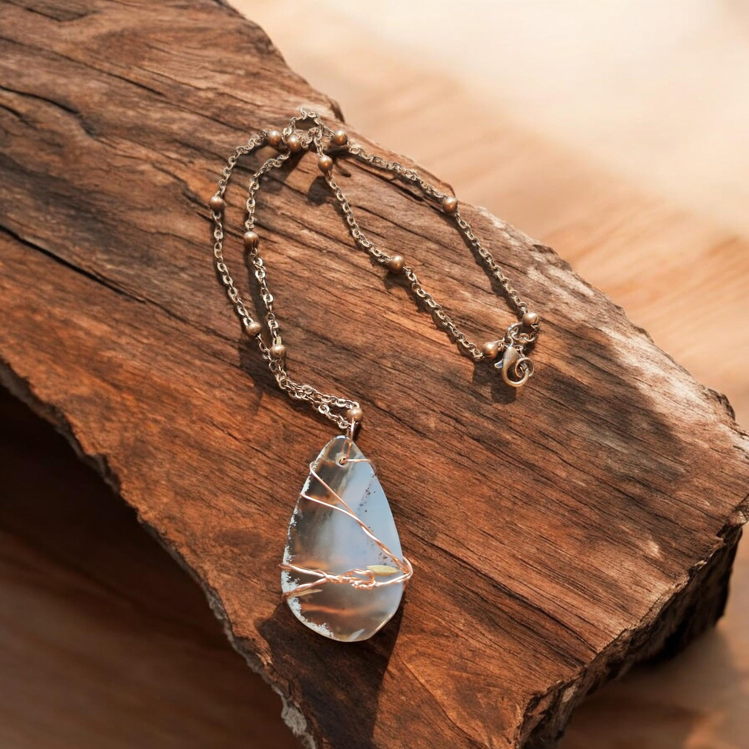 Let Your Light Shine" Natural Stone Necklace – 18" Copper Beaded Chain & Prayer Card Gift Set