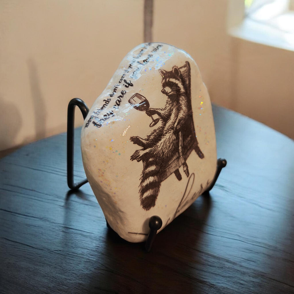Best Friends & Wine Raccoon Decoupage River Rock | Handmade Decor