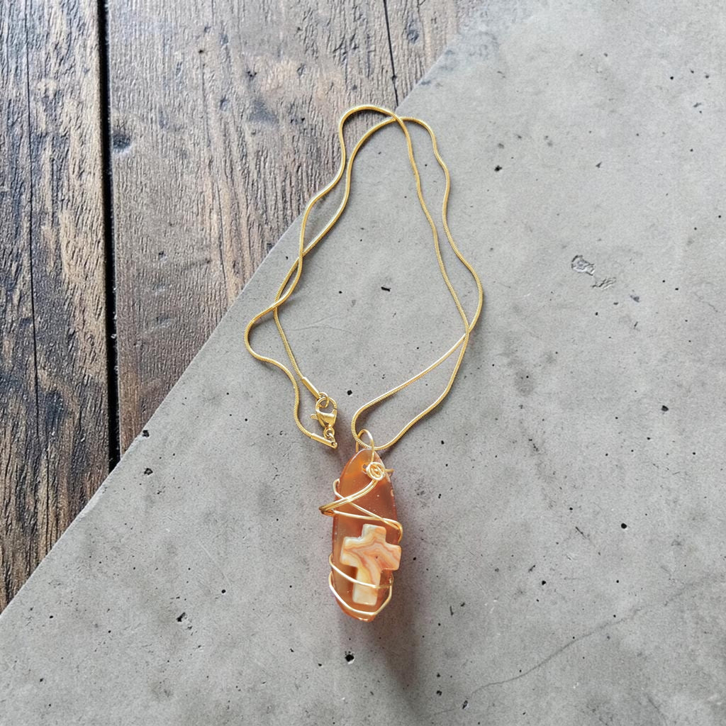 Honey-Infused Cross & Natural Stone Wire-Wrapped Necklace