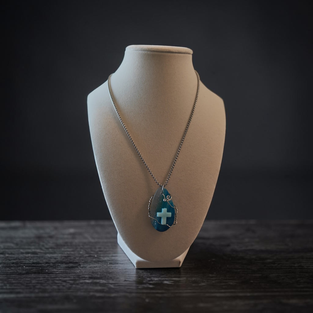 Handcrafted He Who Made The Universe Made You Wire-Wrapped Cross Necklace – Turquoise, Teal, & Light Blue