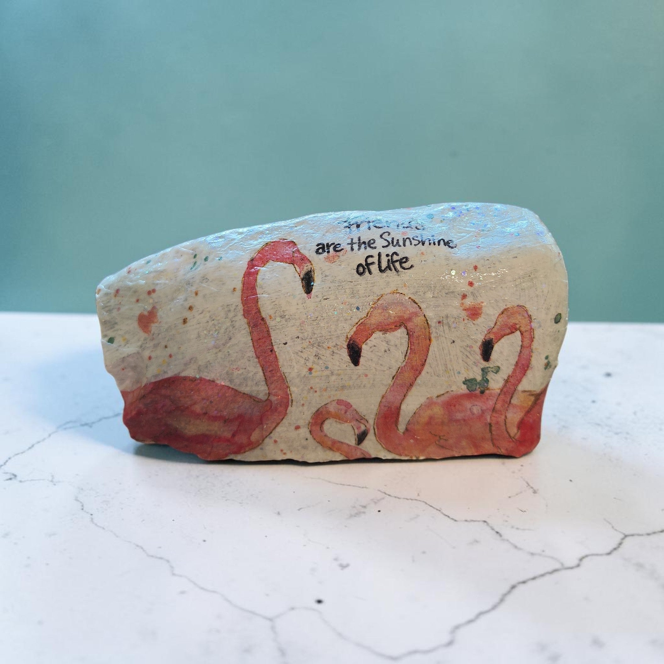 "Friends Are the Sunshine of Life" Flamingo Handcrafted Natural River Stone