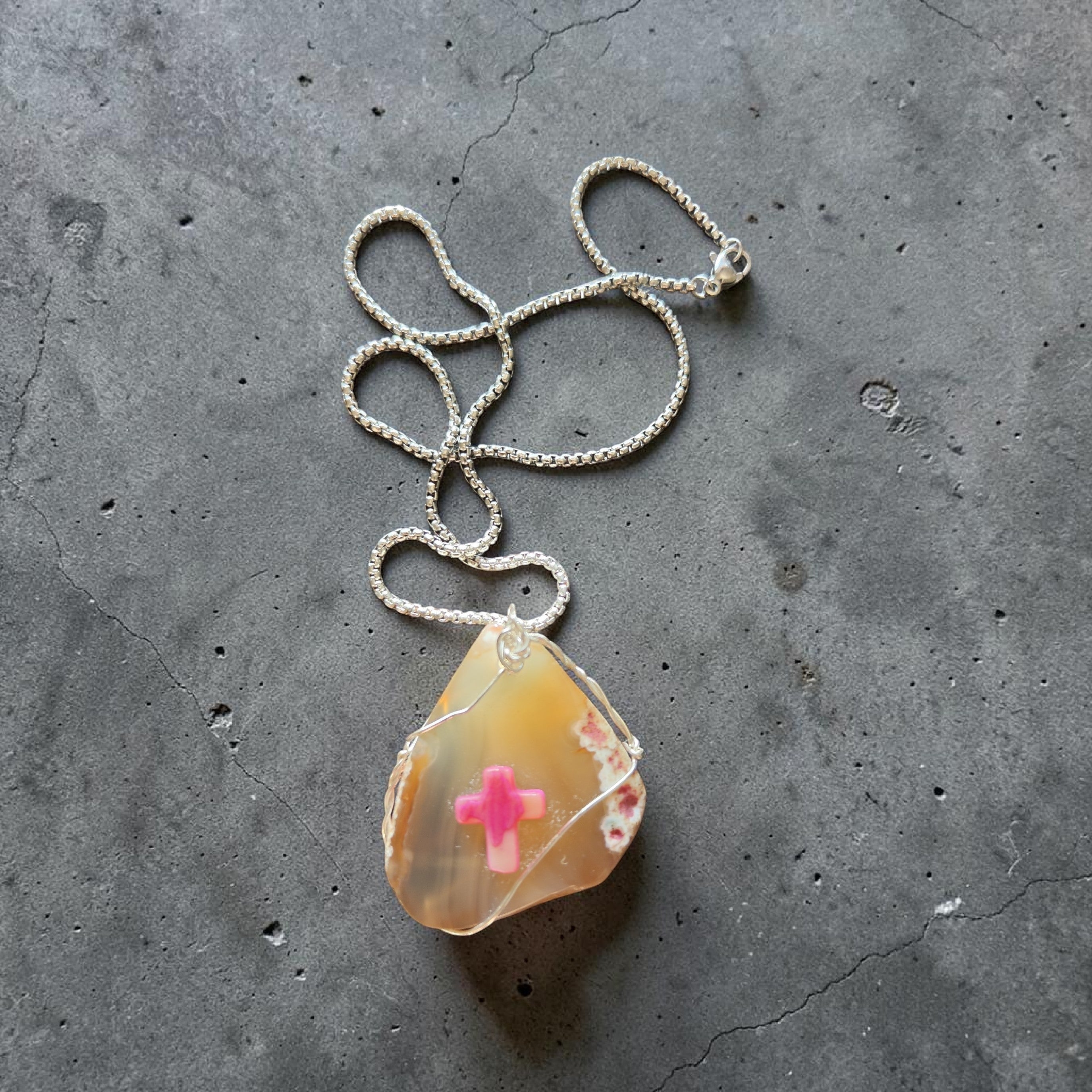 "Morning Mercies" Pink & Honey Natural Stone Cross Necklace