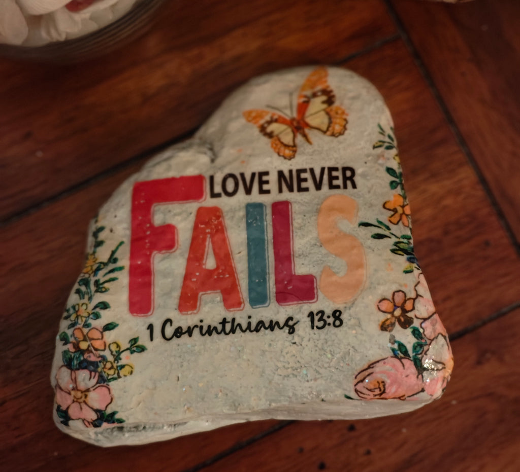 "Love Never Fails" Handcrafted Floral and Butterfly Garden River Stone