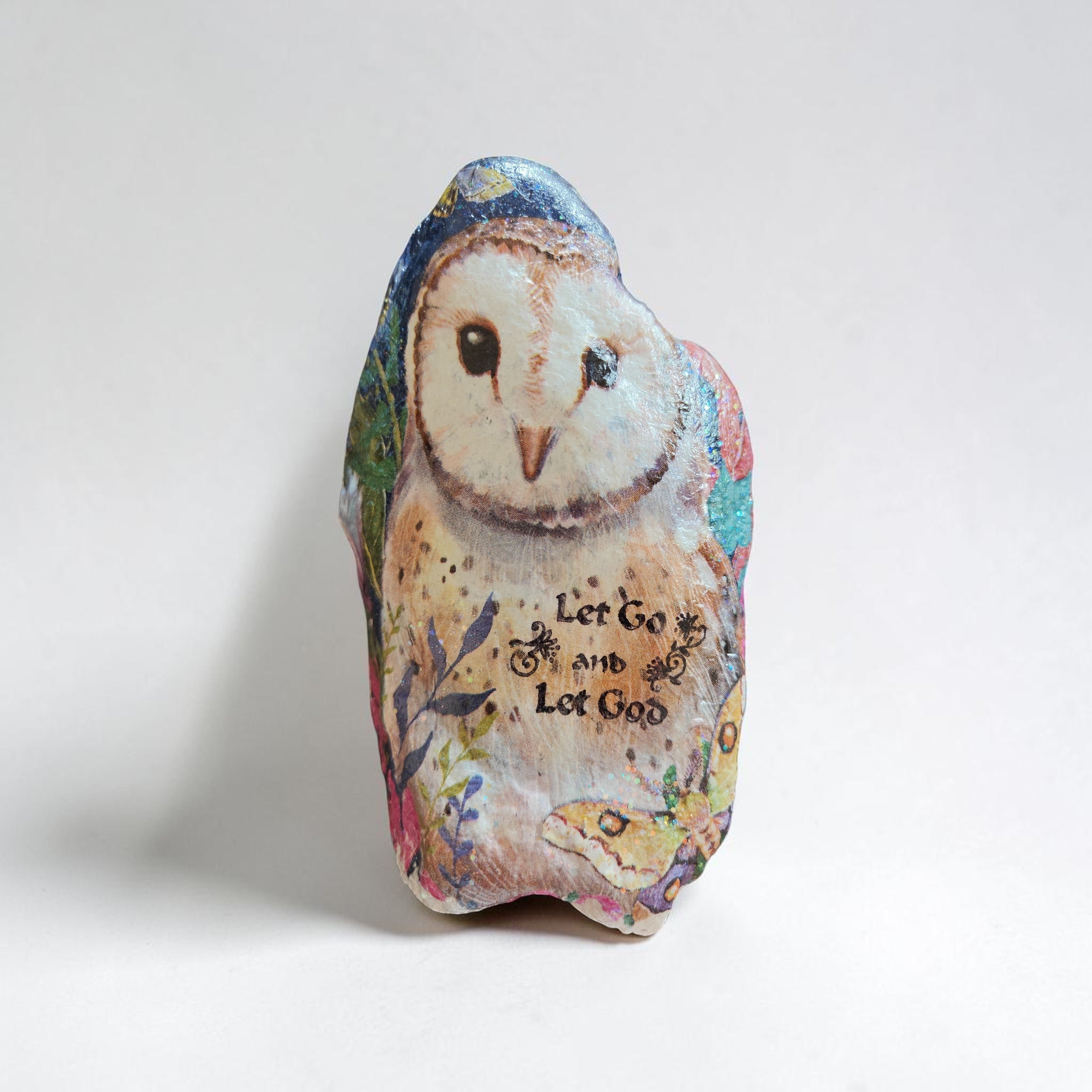 "Let Go and Let God" Colorful Owl Floral Garden Decoupage River Stone