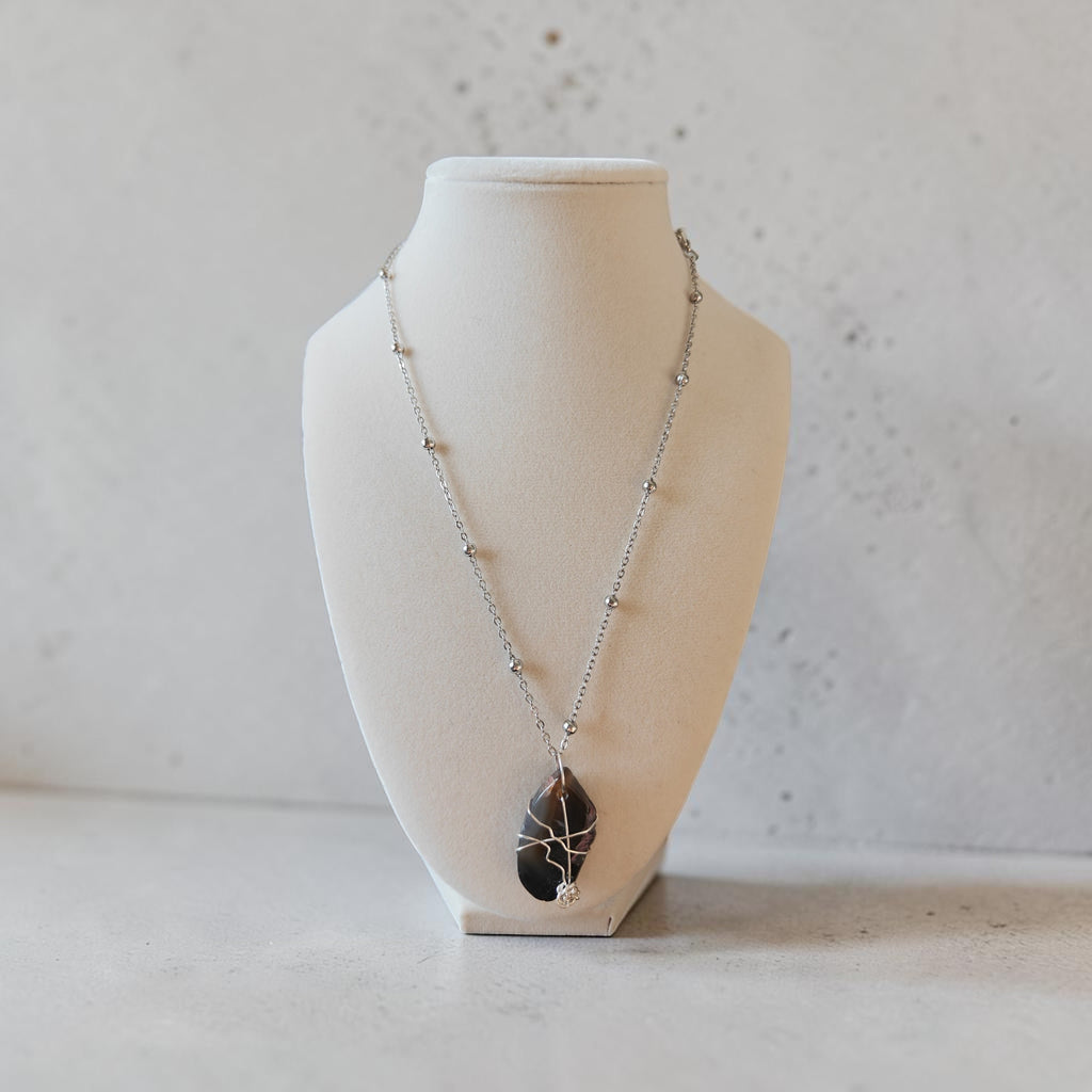 "Fearfully Made" Natural Purple Stone Pendant – Stainless Steel Beaded Chain