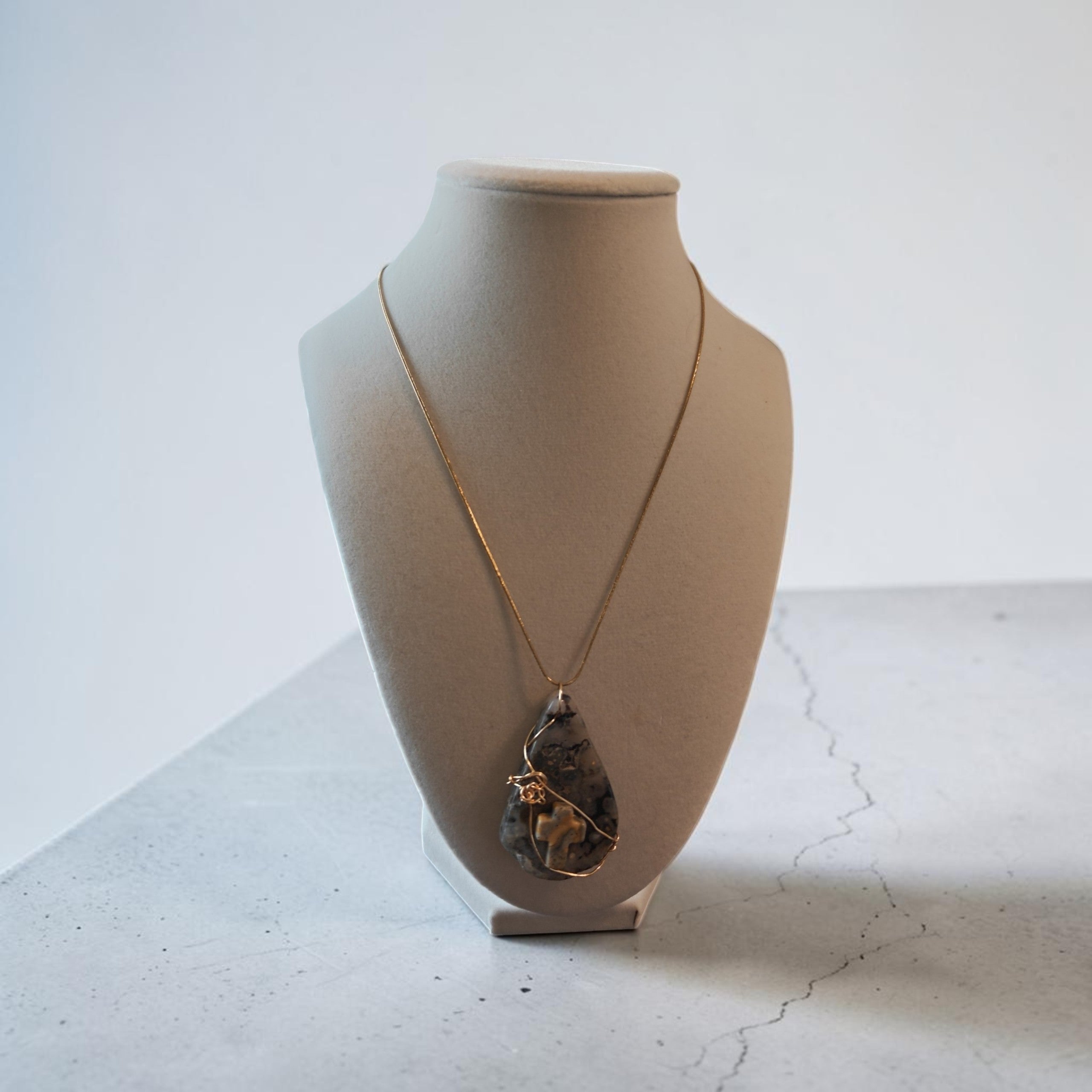 Handcrafted Natural Stone Cross Pendant Necklace in Gold Wire Wrap – Includes Stainless Steel Gold Chain, Prayer Card, & Gift Box