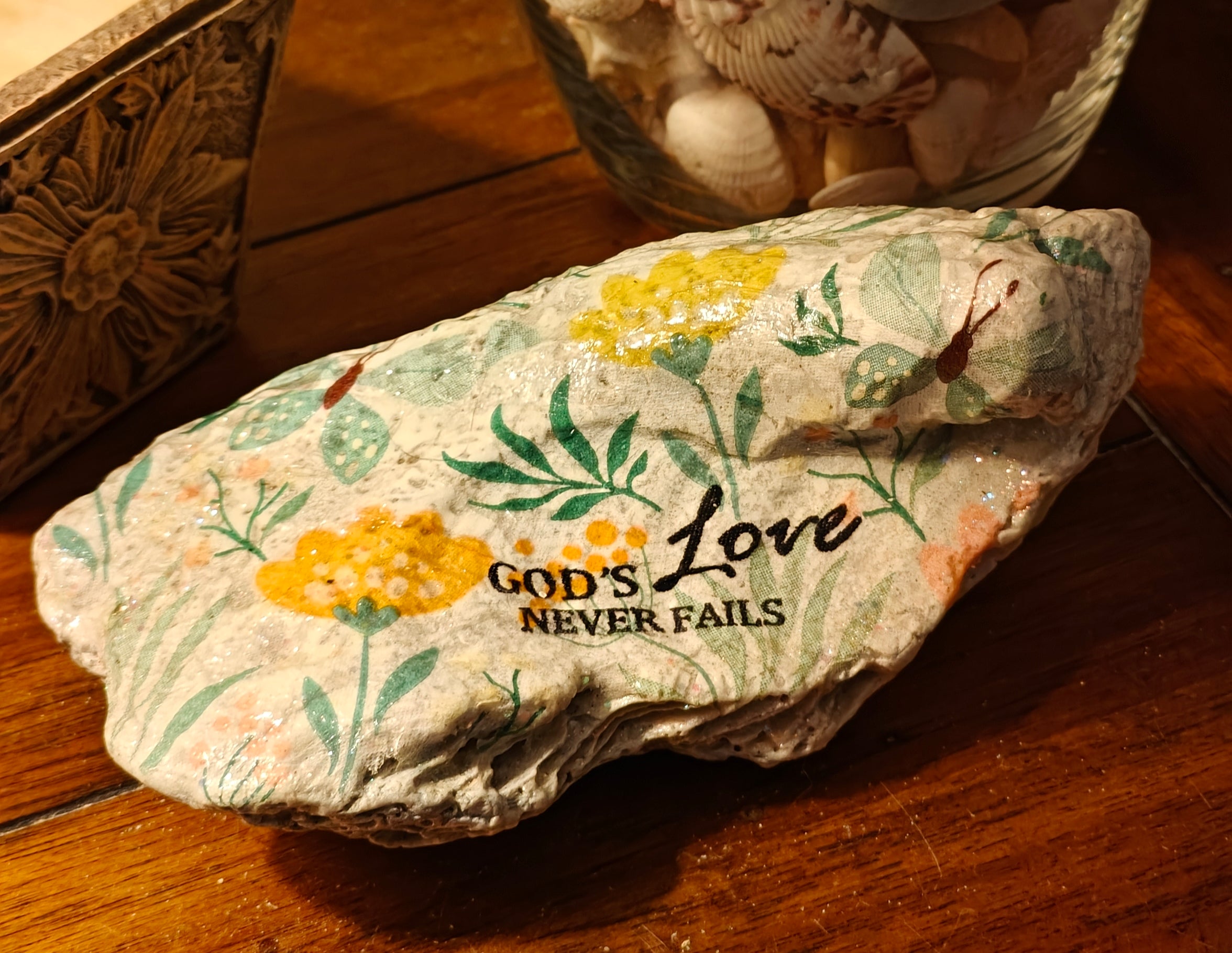 God’s Love Never Fails" Hand-Decorated Shell – Butterflies & Blooms