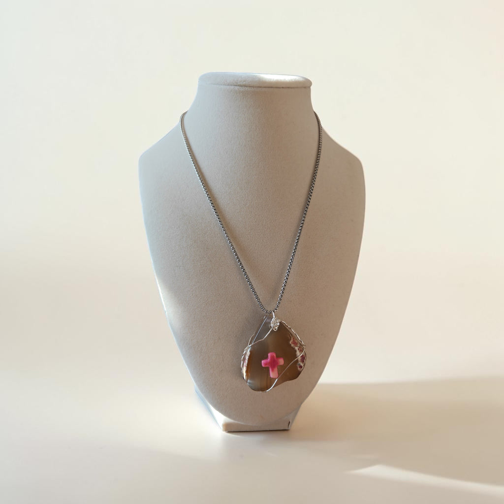 "Morning Mercies" Pink & Honey Natural Stone Cross Necklace