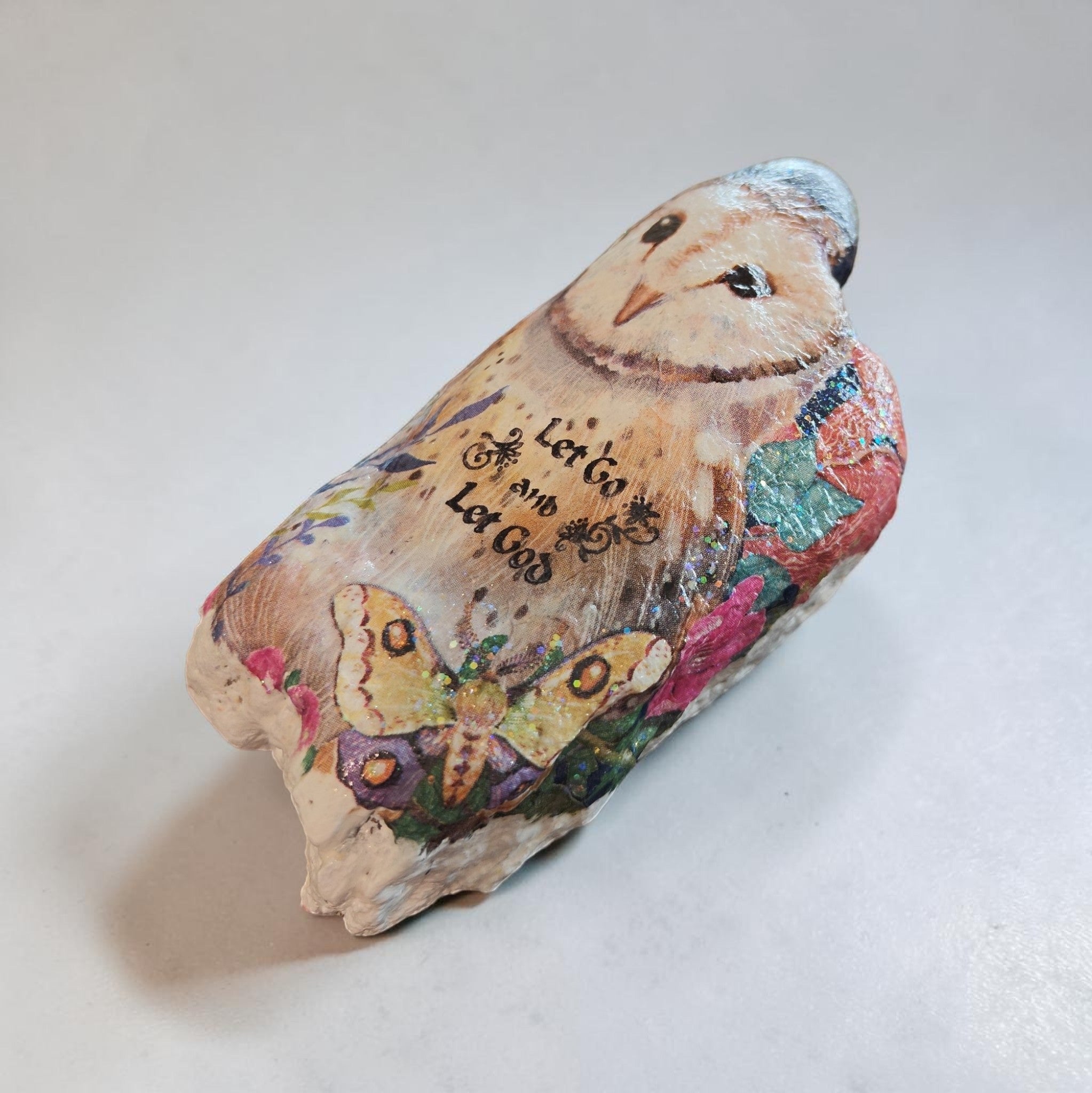 "Let Go and Let God" Colorful Owl Floral Garden Decoupage River Stone