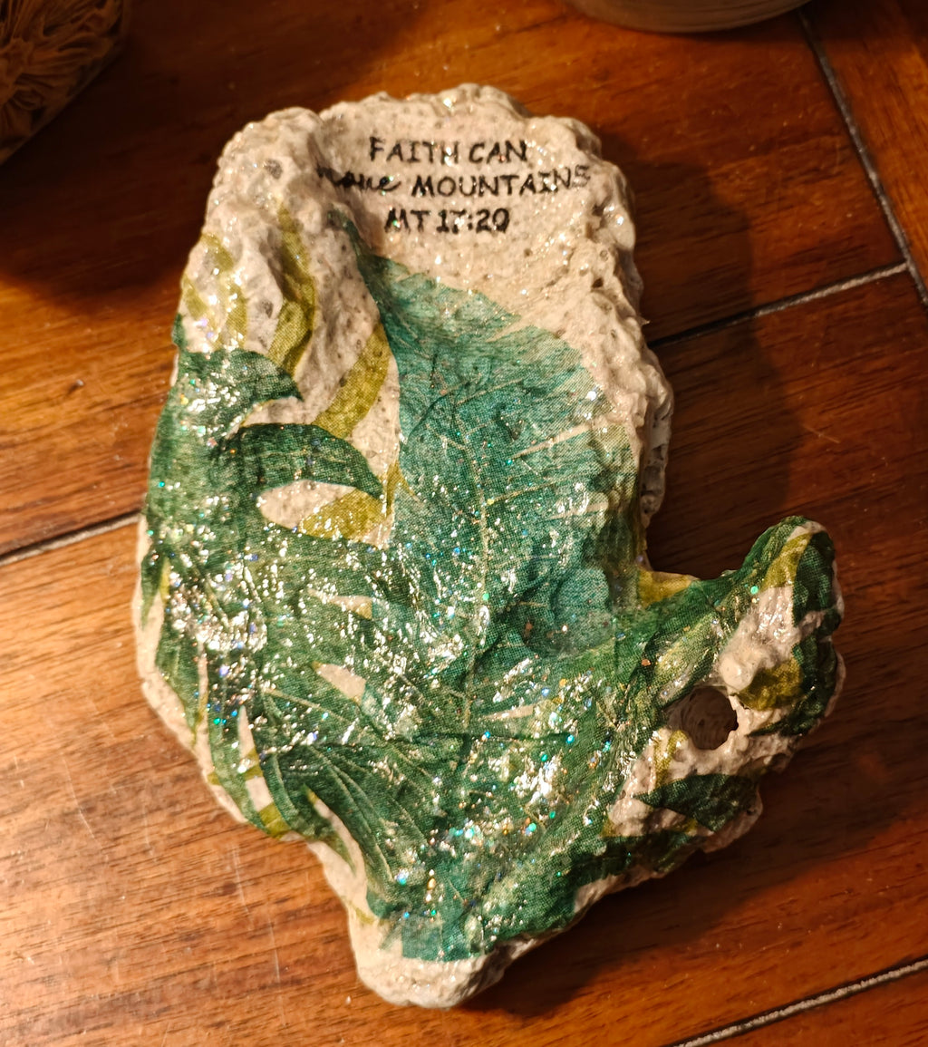 Faith Can Move Mountains" Botanical Shell – Medium Natural Hand-Decorated Art