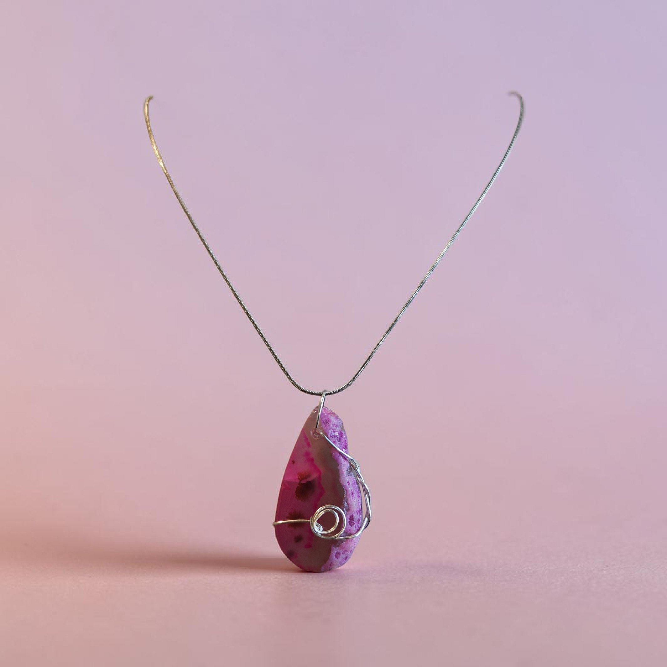 "Joyful Heart" Pink & Tan Natural Stone Necklace – Silver Wire Wrapped