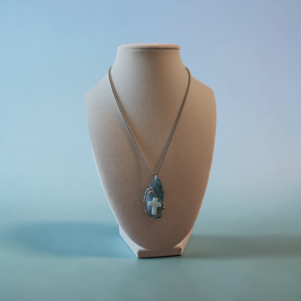 Ocean Grace Wire-Wrapped Cross Necklace – Swirled Blues & Teal Natural Stone