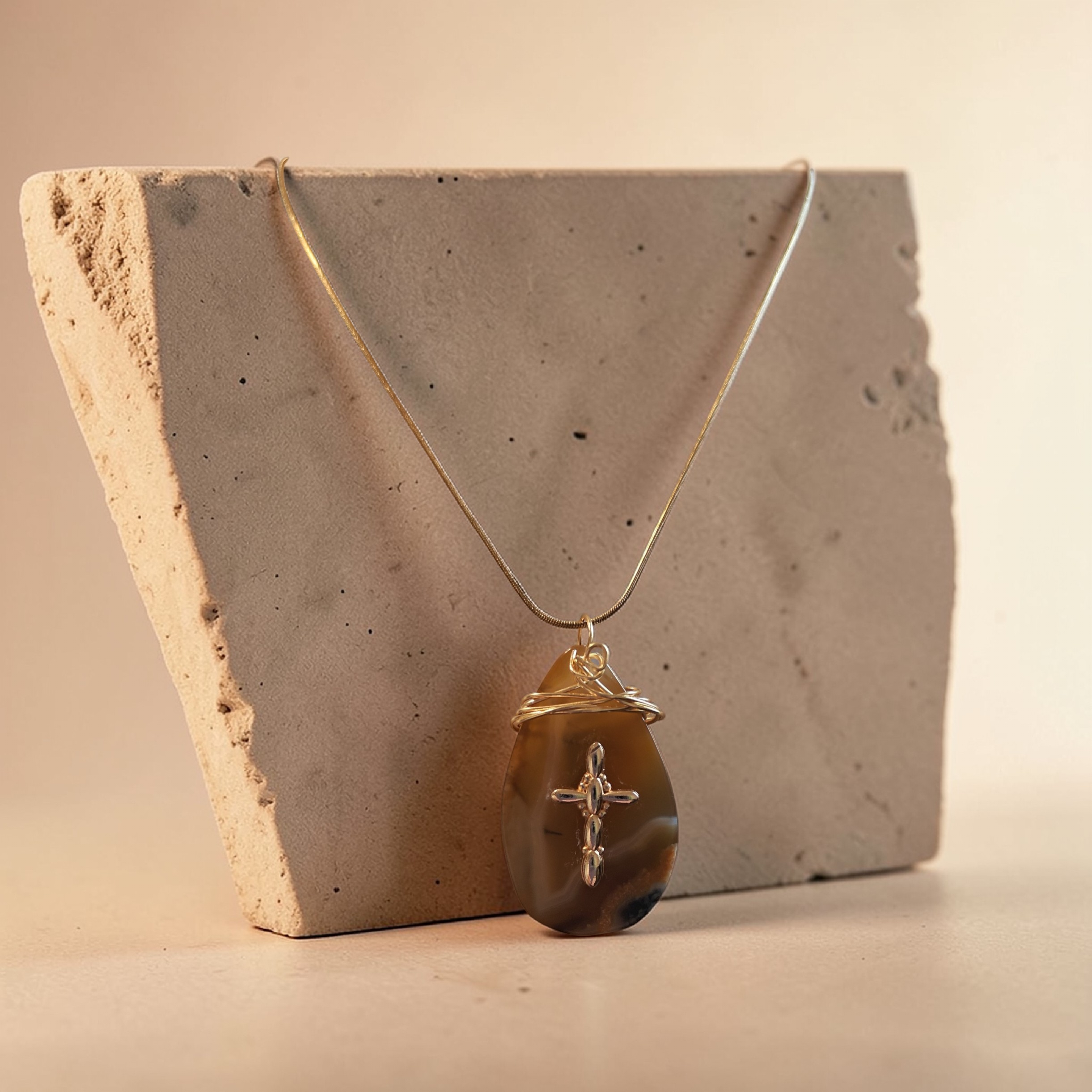"The "Golden Promise" Necklace – Hand-Wrapped Honey & Cream Natural Stone