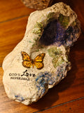 Large "God's Love Never Fails" Statement Shell – Purple Floral & Butterfly Decor