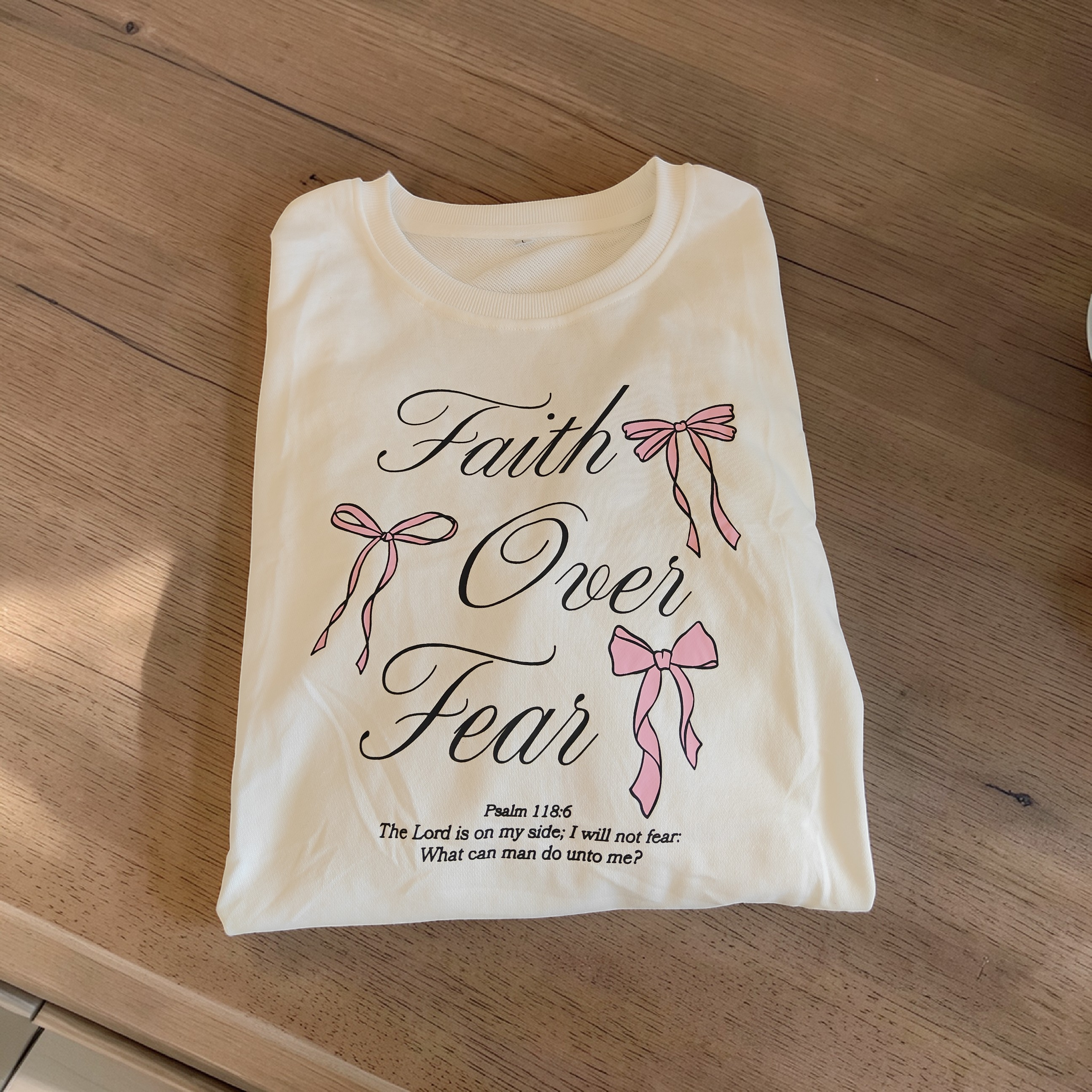 "Faith Over Fear" Women’s White Sweatshirt – Pink Bows & Sleeve Cross – Size Large