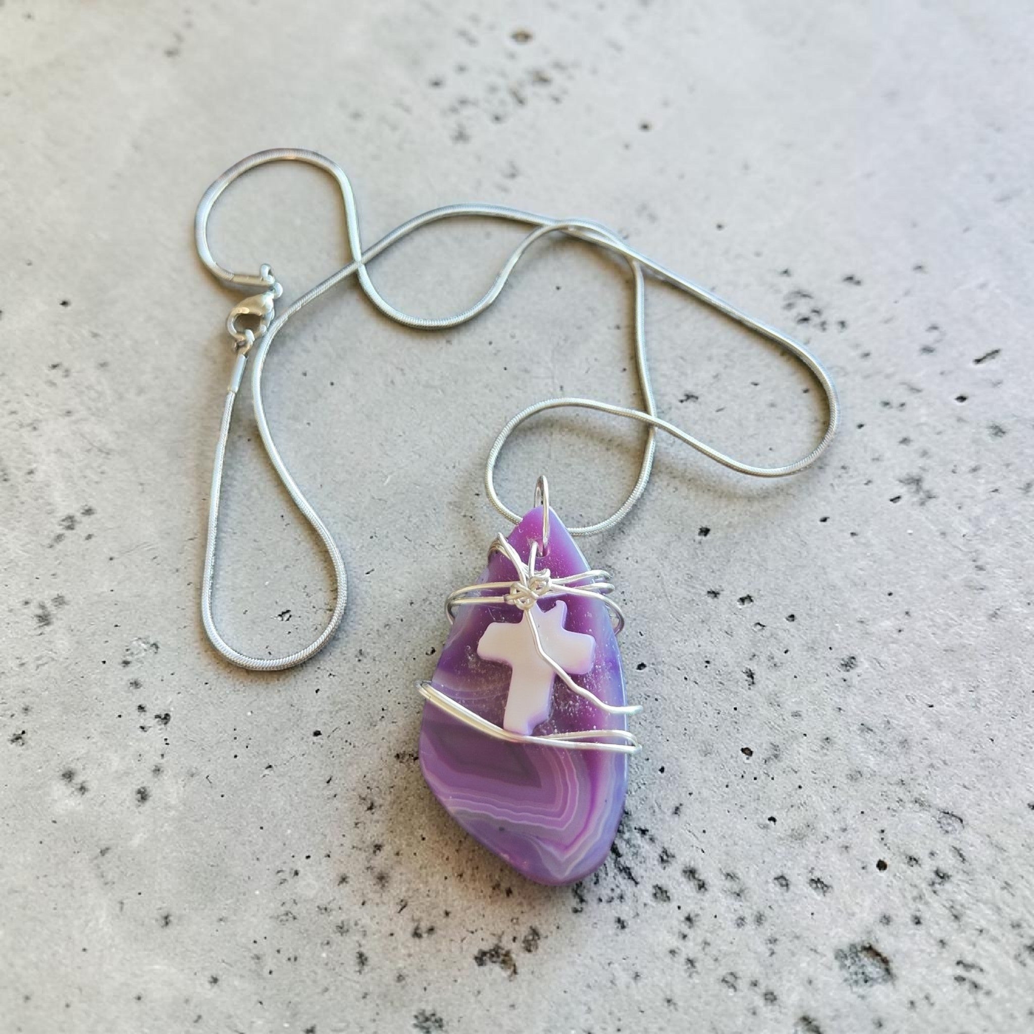 "Enduring Love" Purple Swirl Natural Stone Cross Necklace Gift Set