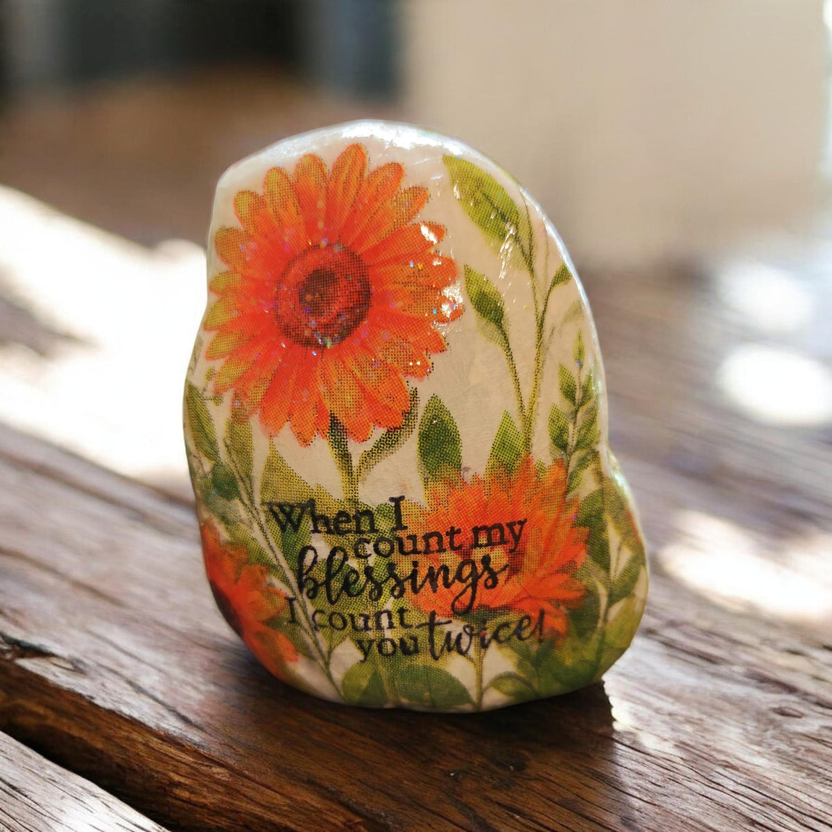 "When I Count My Blessings I Count You Twice" Hand-Decorated River Stone – Floral & Butterfly Decorative Rock