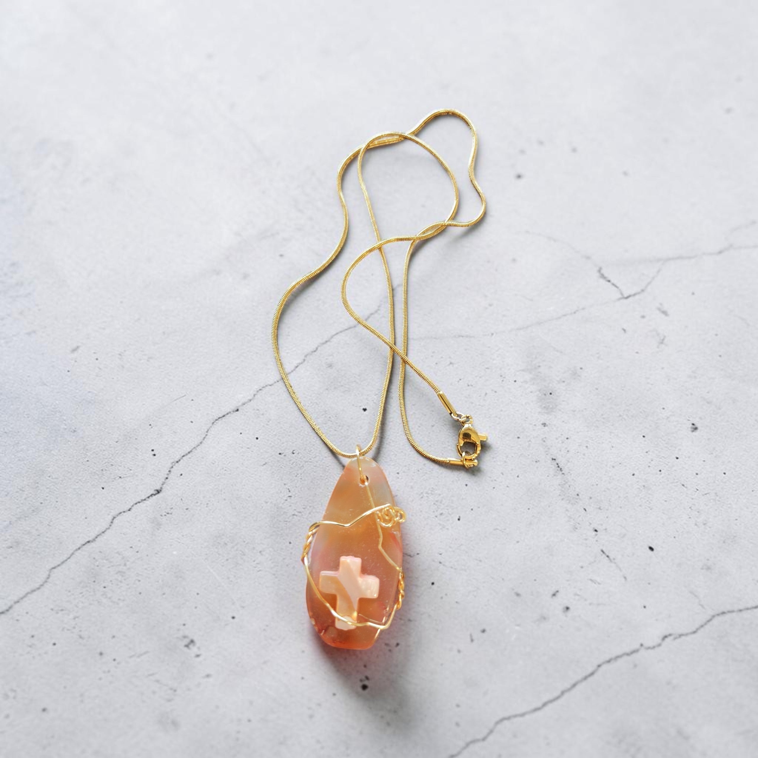 Sacred Glow Wire-Wrapped Natural Stone Necklace – Layered Orange with Gold Accent