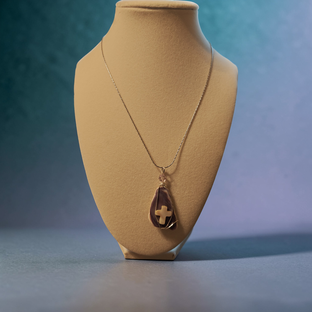 Earth & Sea Stone Cross Pendant – Purple Shell & Cream Stone