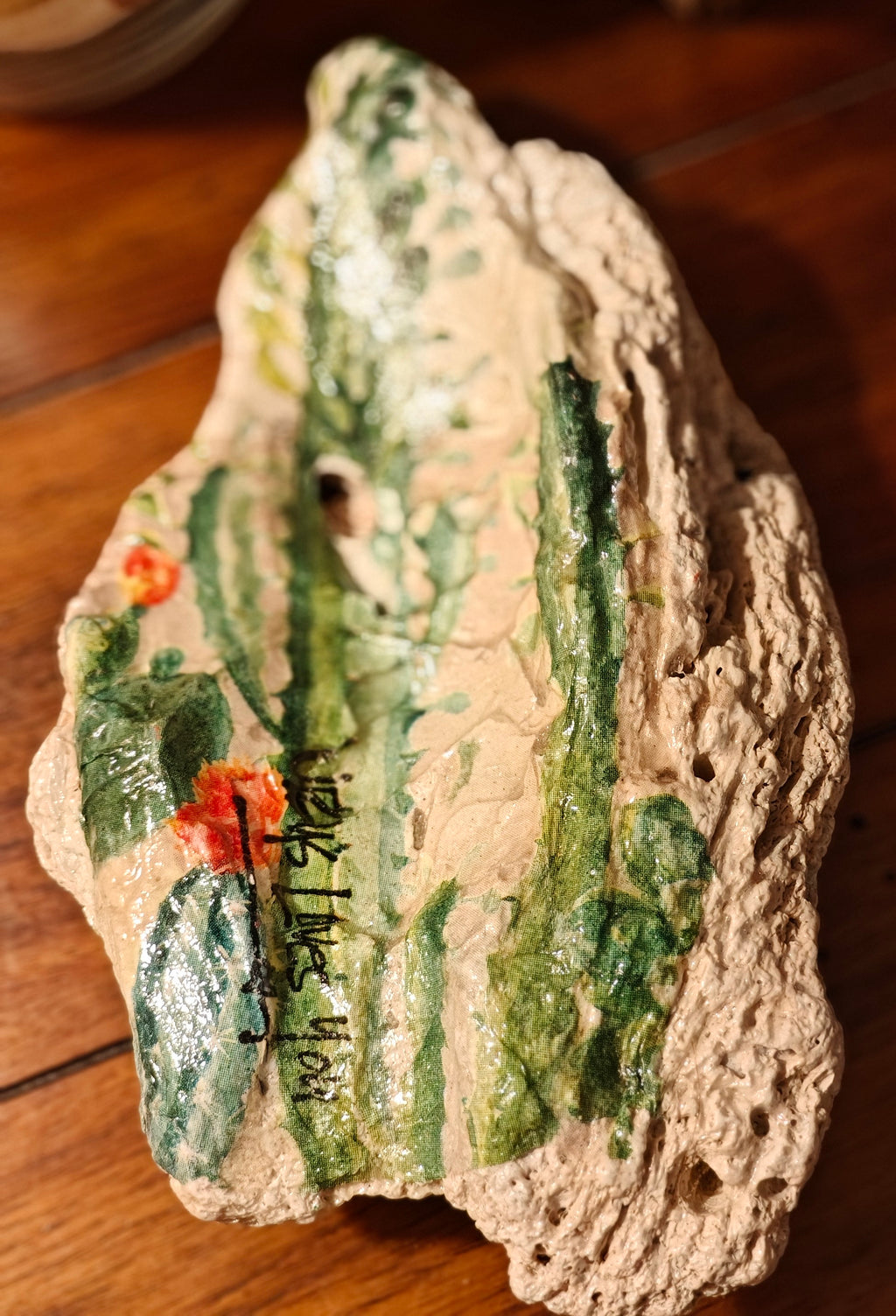 Jesus Loves You" Cactus Design Shell – Medium Hand-Decorated Desert Decor
