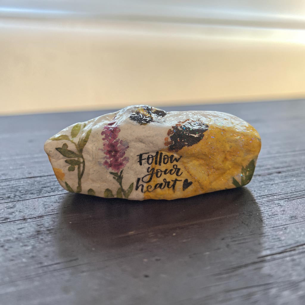 "Follow Your Heart" Bumblebee & Yellow Flower Art – Medium New River Stone
