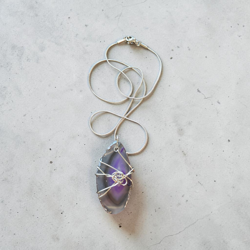 "Velvet Twilight" Marbled Purple and Gray Wire Wrapped Necklace Natural Stone