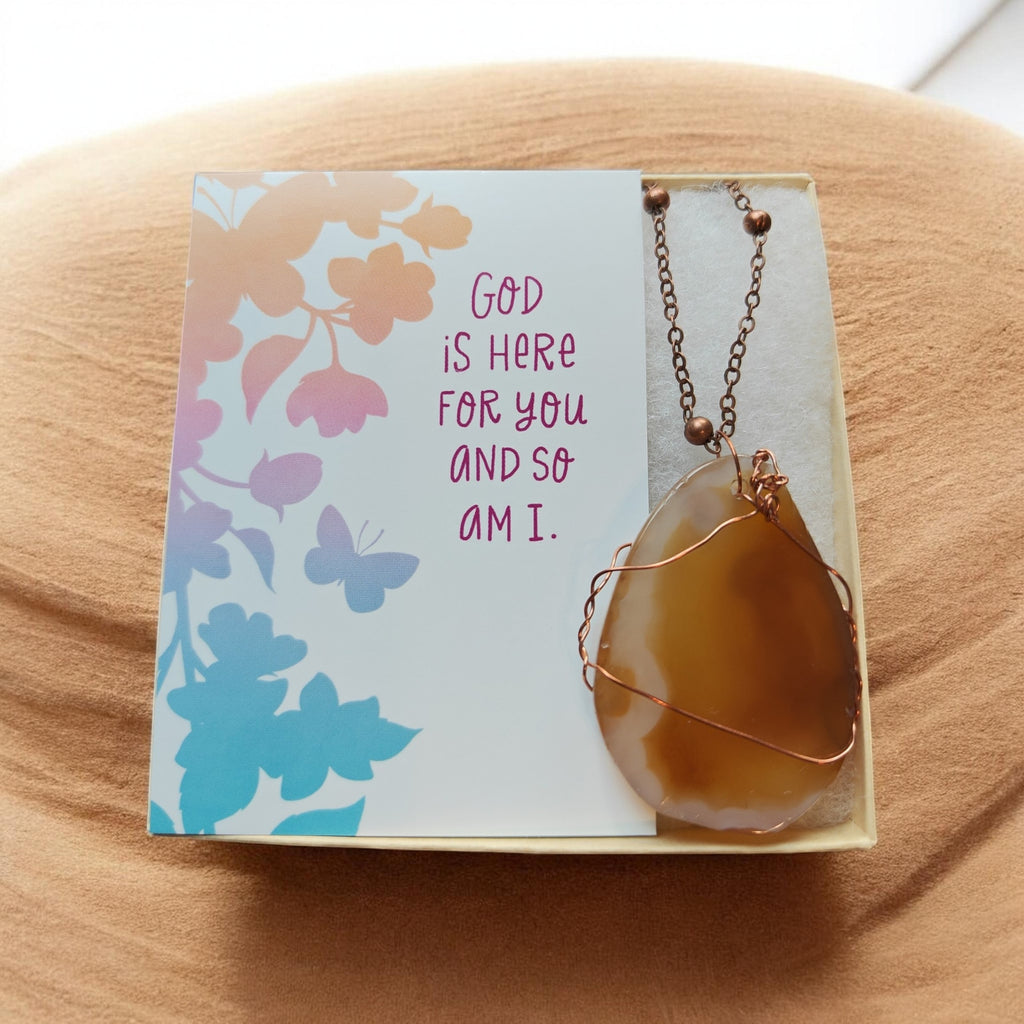 God Is Here For You" Honey Gold Natural Stone Necklace – 18" Copper Beaded Chain Gift Set