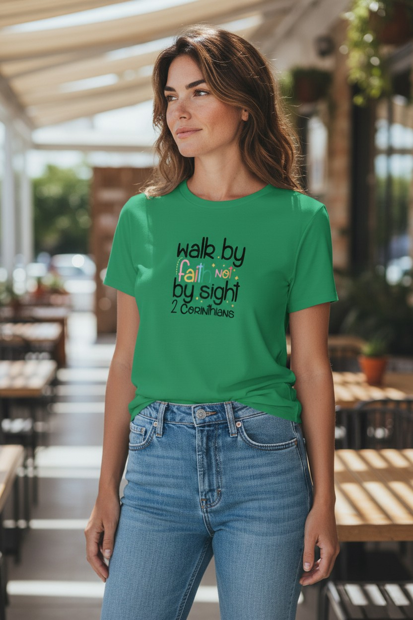 "Walk By Faith" Women’s Bright Green Scripture Tee – 100% Cotton – Size Large