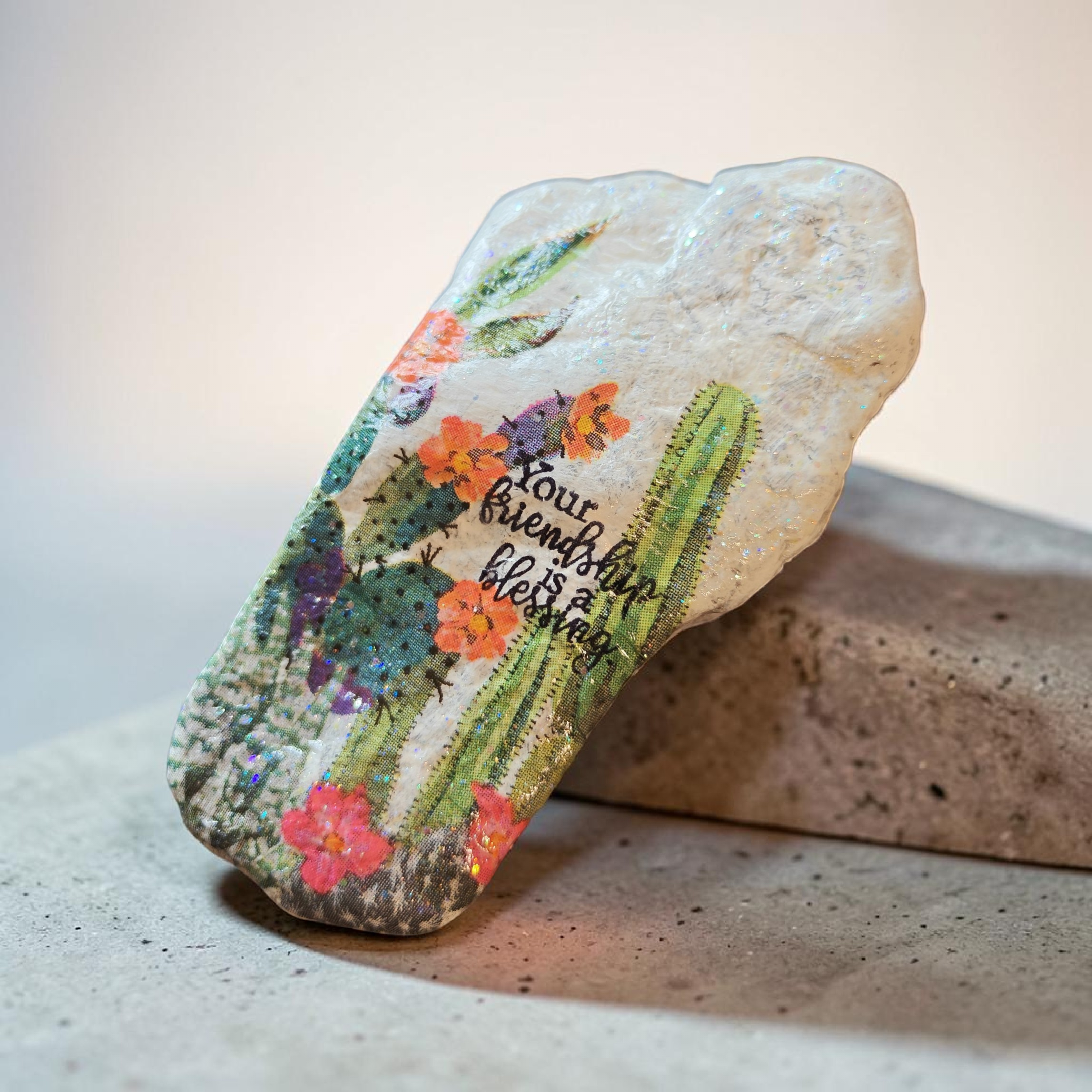 "Friendship Is A Blessing" Colorful Cactus Stone – Hand-Decorated Desert Flora Keepsake