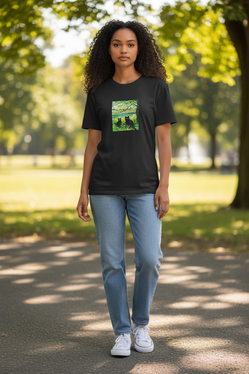 "Quiet Waters" Women’s Black Cotton Tee – Two Black Cats in a Meadow – Size Large