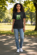 "Quiet Waters" Women’s Black Cotton Tee – Two Black Cats in a Meadow – Size Large