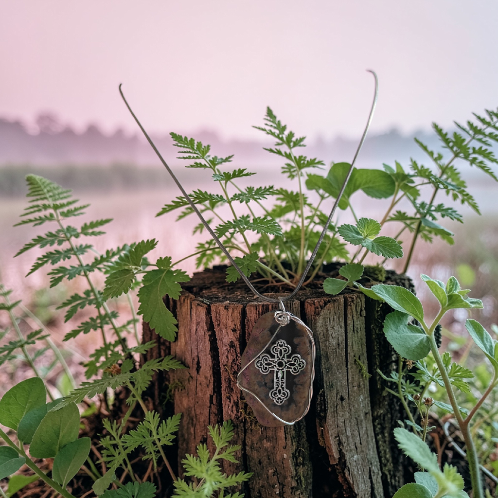 "The "Anchored Heart" Necklace – Hand-Wrapped Sandy Pink & Black Natural Stone