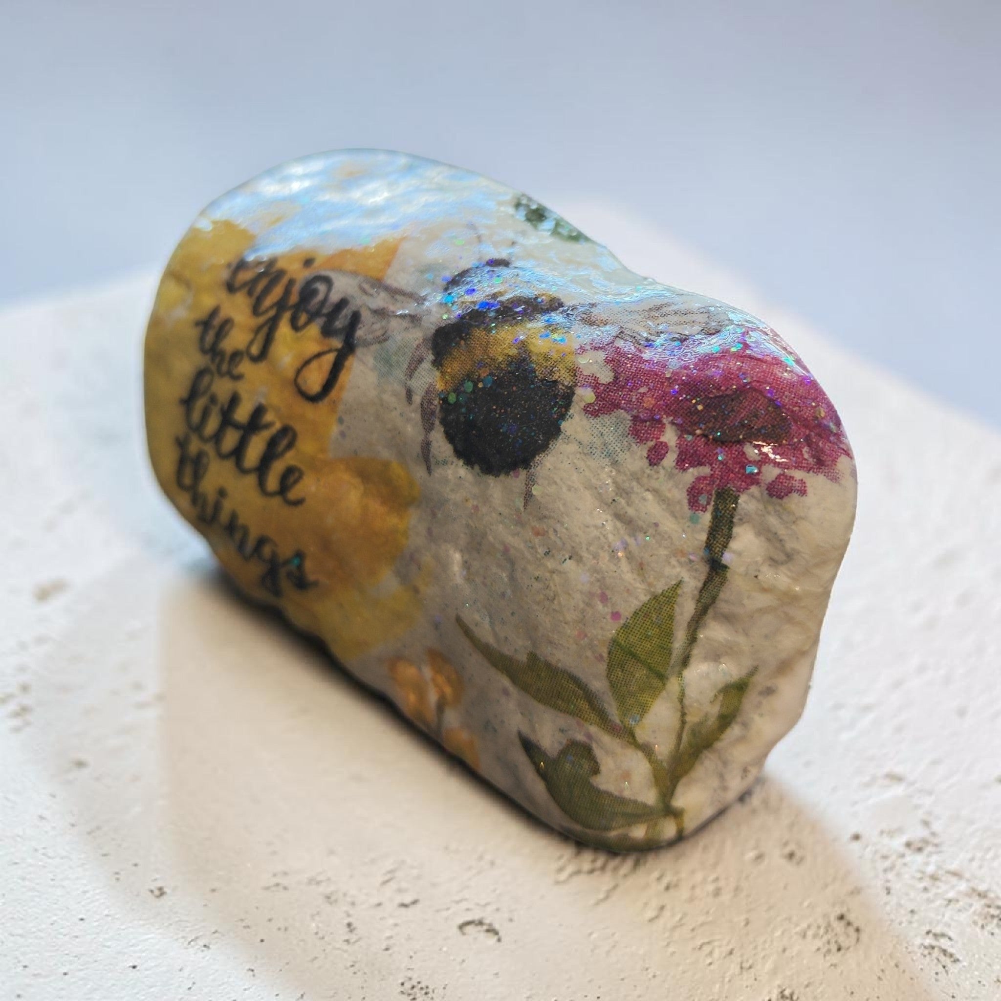 "Follow Your Heart" Bumblebee & Yellow Flower Art – Medium New River Stone