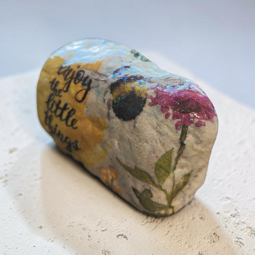 "Follow Your Heart" Bumblebee & Yellow Flower Art – Medium New River Stone