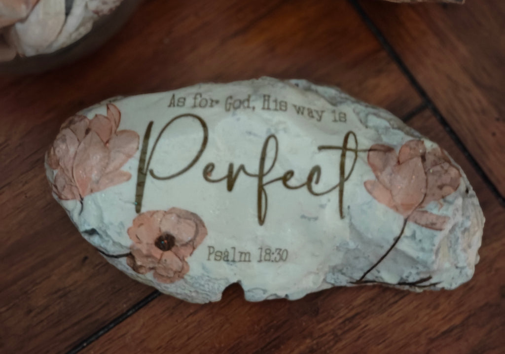 Hand-decorated natural shell, featuring As for God his ways are perfect. Psalm 18:30