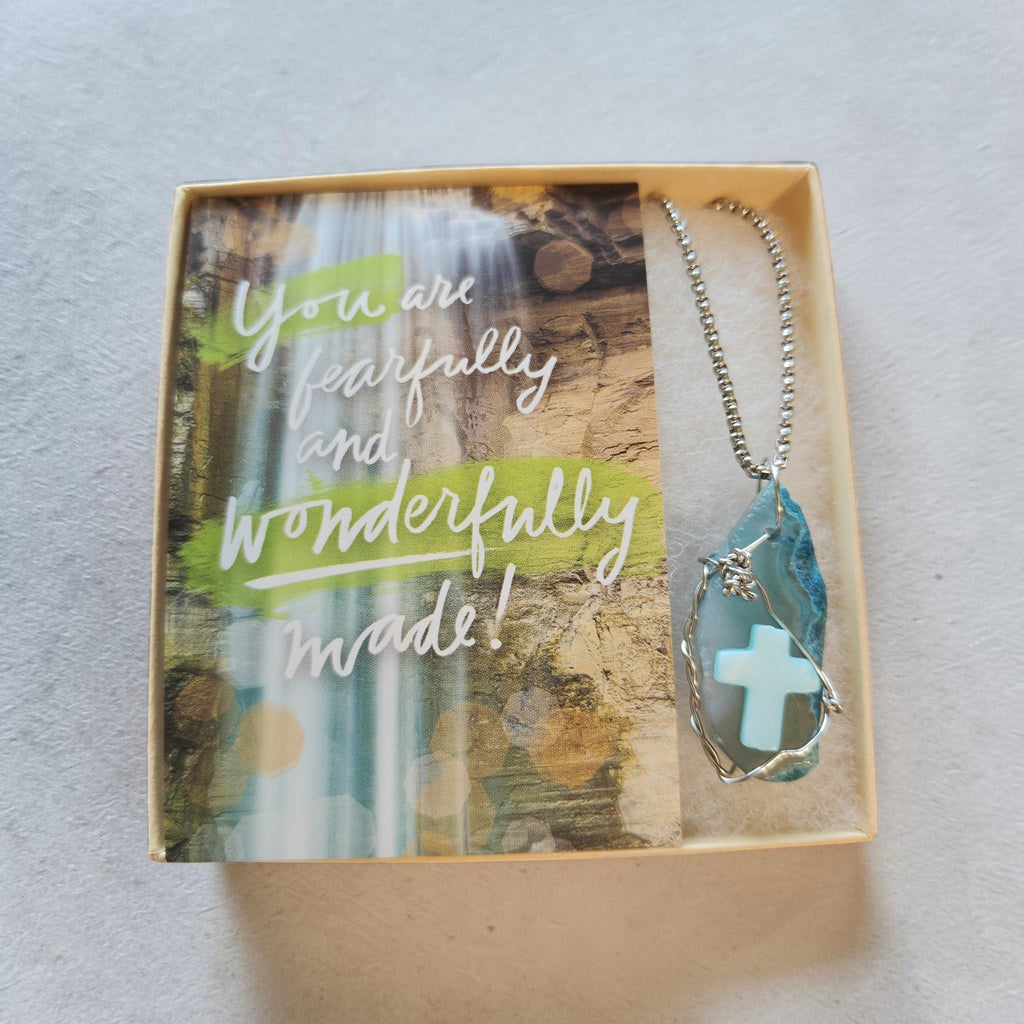 Ocean Grace Wire-Wrapped Cross Necklace – Swirled Blues & Teal Natural Stone