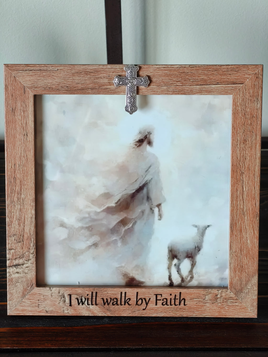 "I Will Walk By Faith" 5x5 Framed Art – Jesus with the Found Lamb – Rustic Wood Frame with Cross