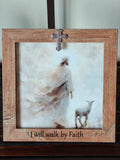 "I Will Walk By Faith" 5x5 Framed Art – Jesus with the Found Lamb – Rustic Wood Frame with Cross
