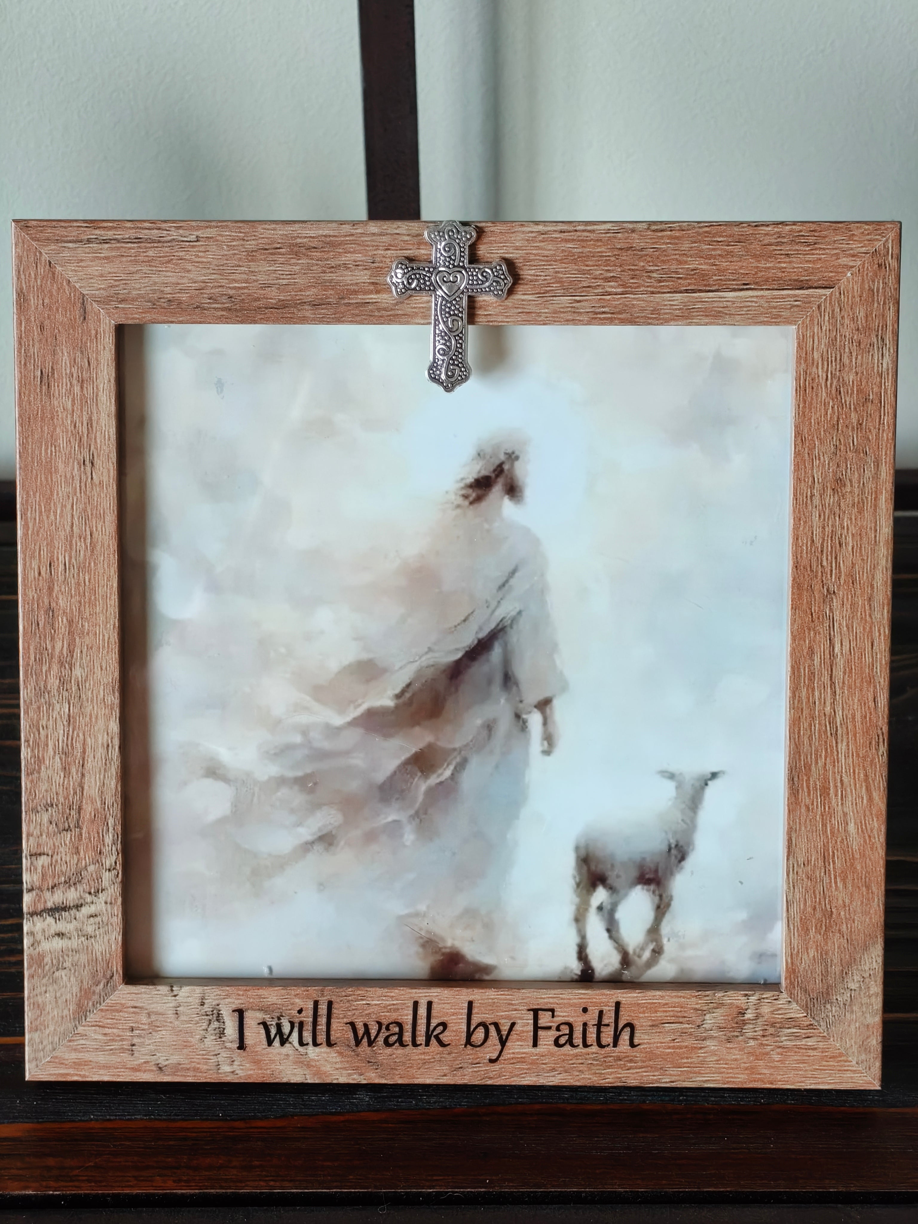 "I Will Walk By Faith" 5x5 Framed Art – Jesus with the Found Lamb – Rustic Wood Frame with Cross